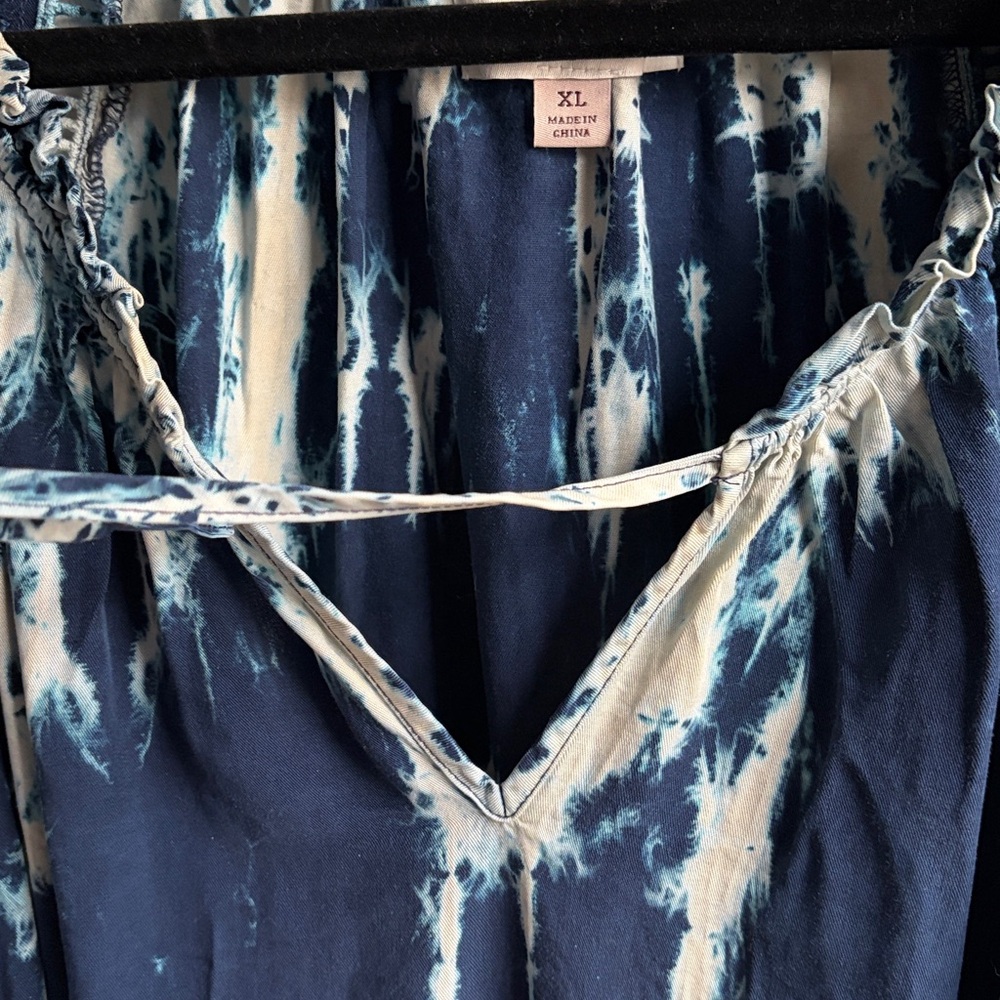 Knox Rose Women's XL Blue Tie Dye Blouse Ruffle Split Neckline Boho Peasant LS - Picture 7 of 13